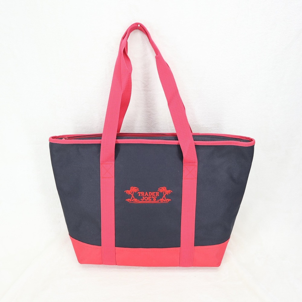 Trader Joes Insulated Reusable Grocery Cooler Bag Navy Blue Red Zip Top Tote